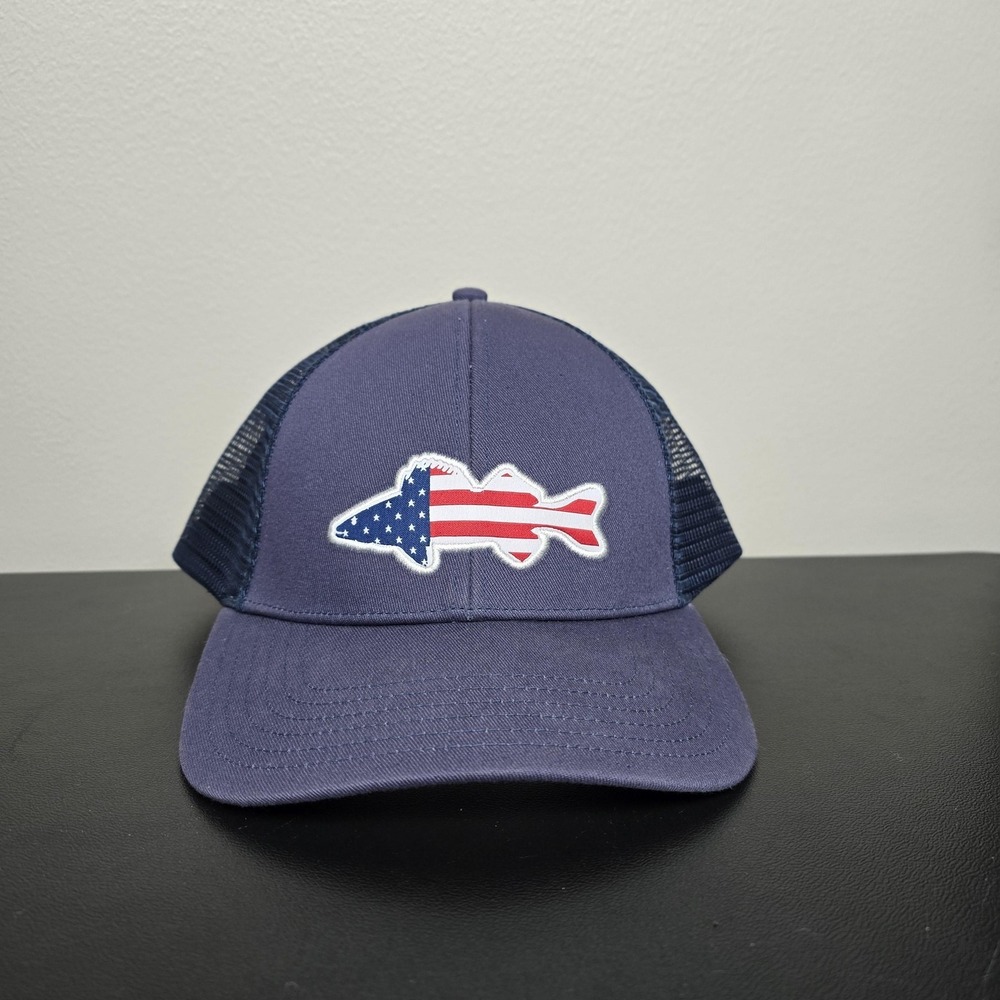 Simms Hat Cap Mens Snap Back One Size Blue American Flag Fish Trucker USA Camp‎